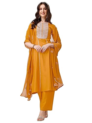 EthnicJunction Kurta Palazzo und Dupatta-Set für Damen, Baumwolle, Seide, bestickt, Senf, M von EthnicJunction