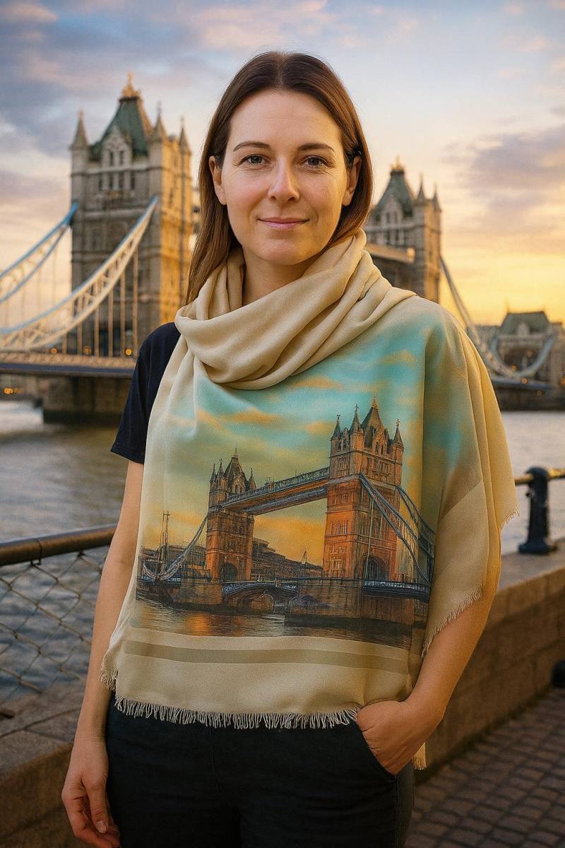 Beige Kaschmir Pashmina Schal - Warm London Bridge Print Weihnachtsgeschenk von EthnicityLLC