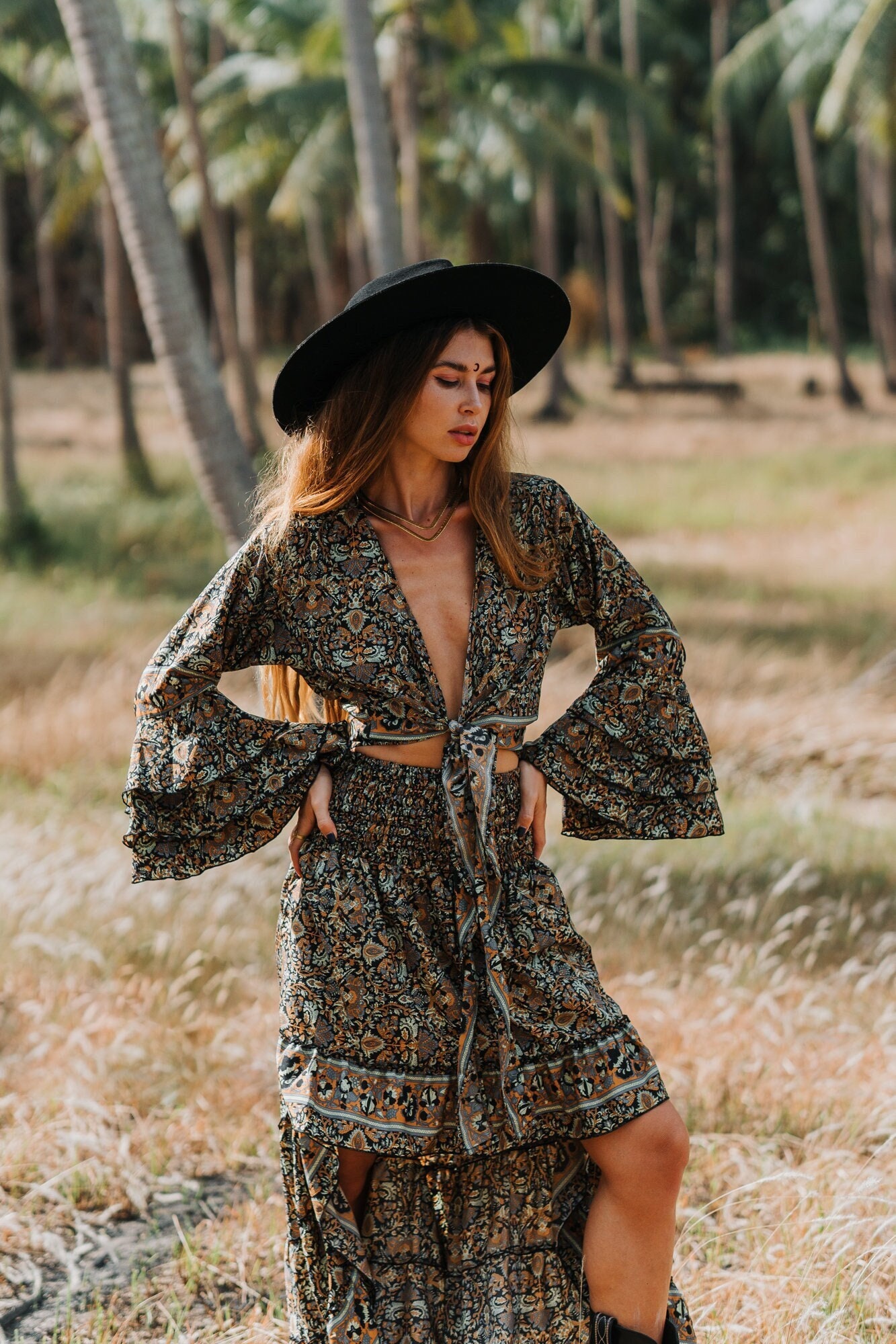 Boho Blumen Print Crop Top | Schirm Ärmel Wickelbluse von Ethnicqueen