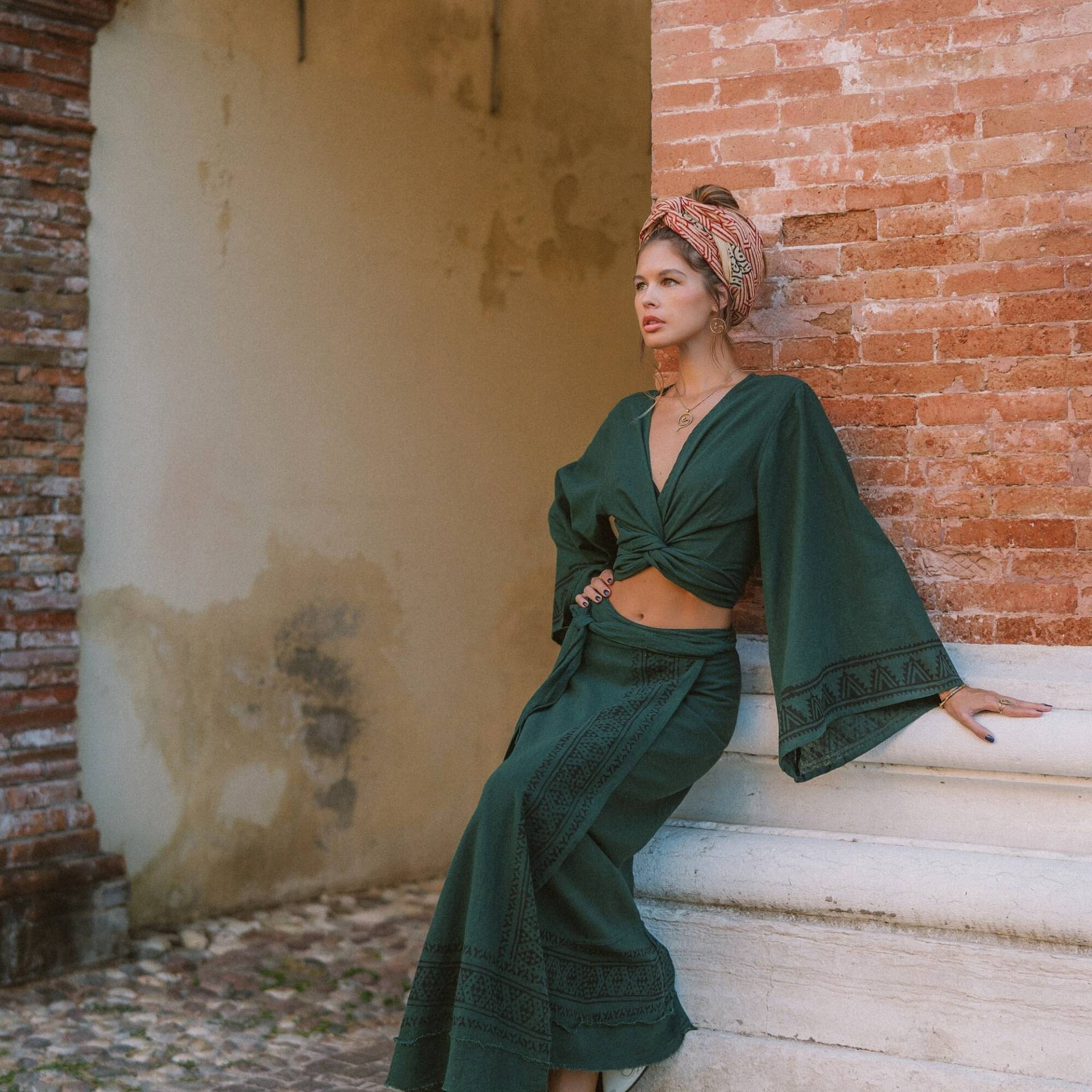 Boho Chic Roh Baumwolle Wrap Top | Ausgestellte Ärmel, Block Print von Ethnicqueen