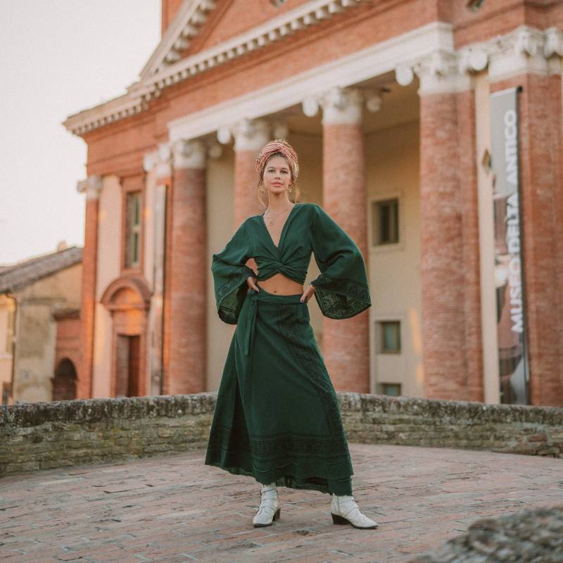 Flaschengrüner Boho Rock | Block Print Rohbaumwolltuch, Freie Größe von Ethnicqueen