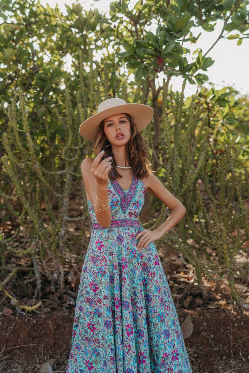 Sea Green Floral Maxi Kleid | Boho Ärmelloses Langes von Ethnicqueen