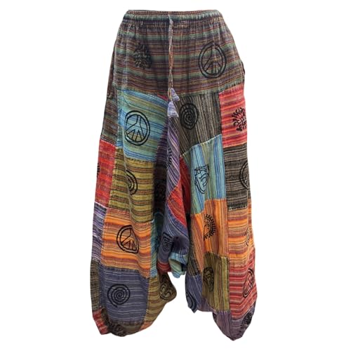 Haremshose für Damen, Patchwork, mehrfarbig, weite Hose, Baumwolle, Hose, mehrfarbig, Patchwork mit friedlichen Motiven, Patchwork, One size von Ethnique Mode