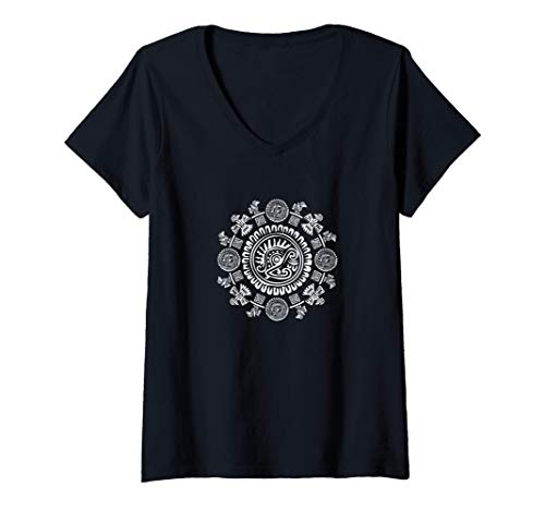 Damen Maya Inka Azteken Symbole & Zeichen | Globetrotter T-Shirt mit V-Ausschnitt von Ethnomuster Zeichen und Mystik Reise und Alltag