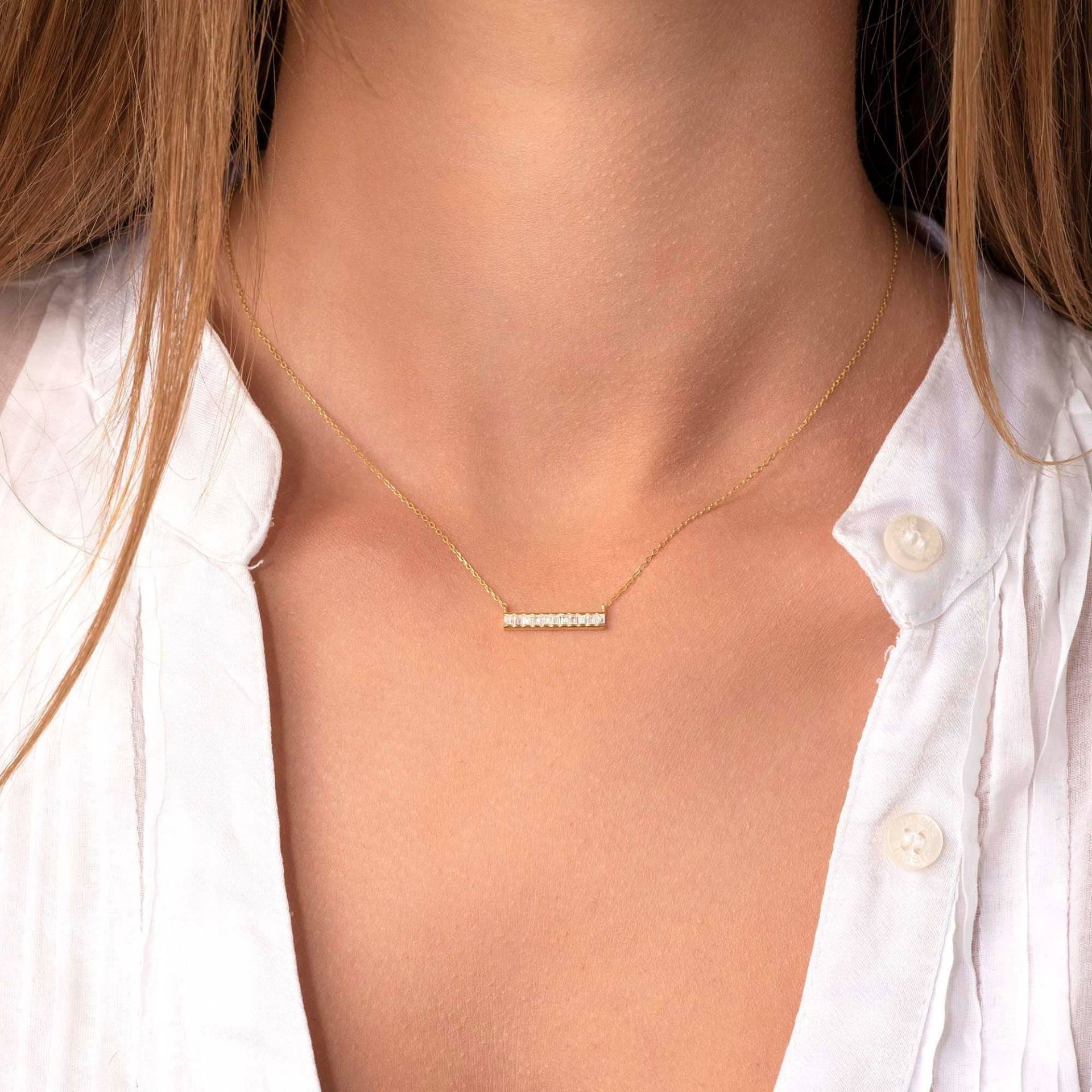 Baguette Cut Bar Halskette Für Frauen in 14K Massivgold/Anhänger Gelb, Rose Oder Weißgold Muttertag Geschenk von EthosJewels