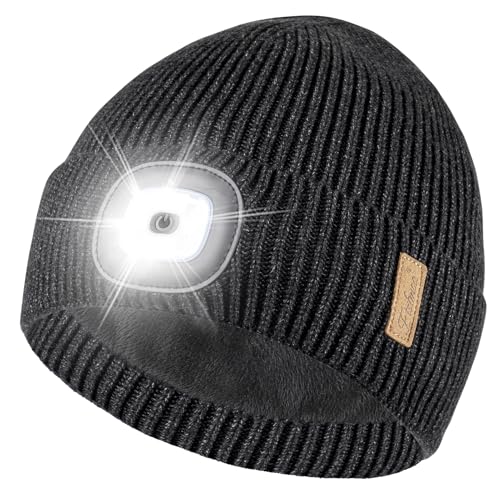 Etsfmoa Mütze mit LED Licht,Hut mit warmem Futter,Wiederaufladbare USB Strickmütze mit Licht,Geschenke für Männer und Frauen (DE/NL/SE/PL, Alphanumerisch, Einheitsgröße, Dunkel Grau) von Etsfmoa