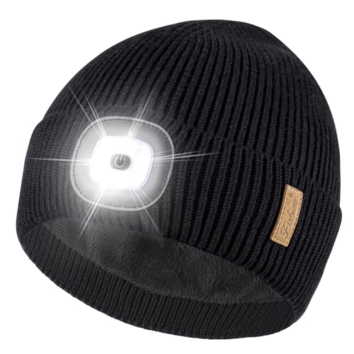 Etsfmoa Mütze mit LED Licht,Hut mit warmem Futter,Wiederaufladbare USB Strickmütze mit Licht,Geschenke für Männer und Frauen (DE/NL/SE/PL, Alphanumerisch, Einheitsgröße, Schwarz) von Etsfmoa