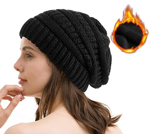 Etyepoh Beanie Mütze Damen Warme Wintermütze mit Weichem Innenfutter Gefütterte Strickmütze (01-Schwarz) von Etyepoh