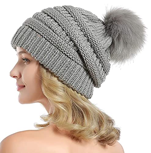 Etyepoh Strickmütze Damen Klassische Slouch Beanie Mütze Warme Grobstrick Wintermütze mit Kunstpelz Bommel (02-hellgrau) von Etyepoh