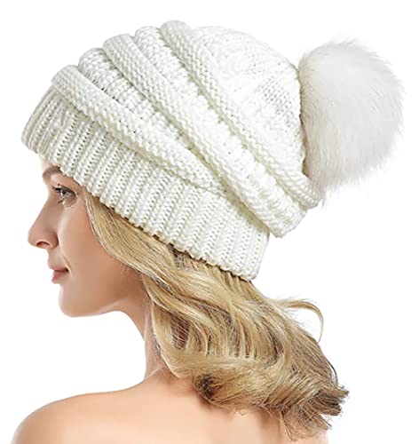 Etyepoh Strickmütze Damen Klassische Slouch Beanie Mütze Warme Grobstrick Wintermütze mit Kunstpelz Bommel (02-weiß) von Etyepoh