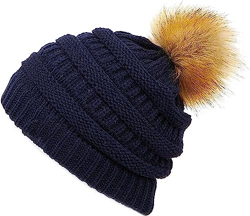 Etyepoh Strickmütze Damen Klassische Slouch Beanie Mütze Warme Grobstrick Wintermütze mit Kunstpelz Bommel (03-Marine) von Etyepoh