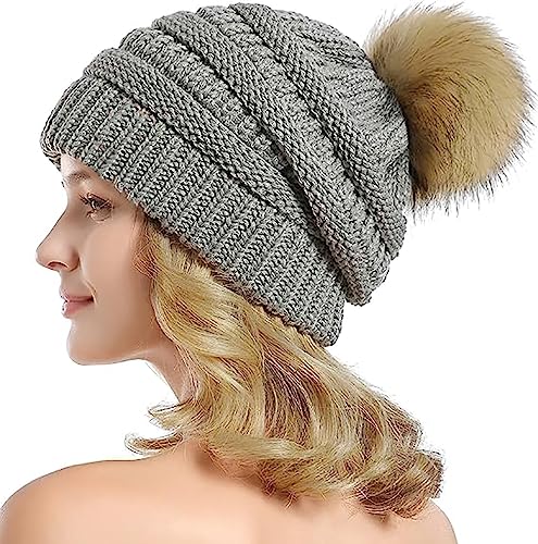 Etyepoh Strickmütze Damen Klassische Slouch Beanie Mütze Warme Grobstrick Wintermütze mit Kunstpelz Bommel (03-grau) von Etyepoh