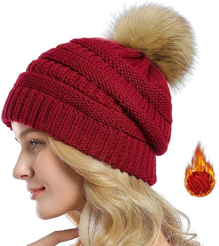 Etyepoh Strickmütze Damen Klassische Slouch Beanie Mütze Warme Grobstrick Wintermütze mit Kunstpelz Bommel (03-rot) von Etyepoh