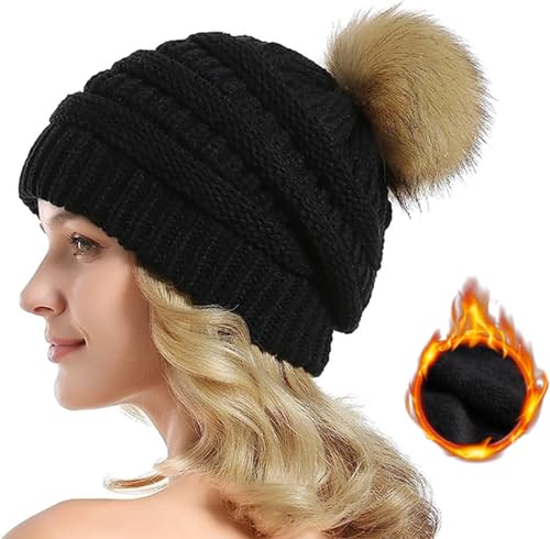 Etyepoh Strickmütze Damen Klassische Slouch Beanie Mütze Warme Grobstrick Wintermütze mit Kunstpelz Bommel (03-schwarz) von Etyepoh