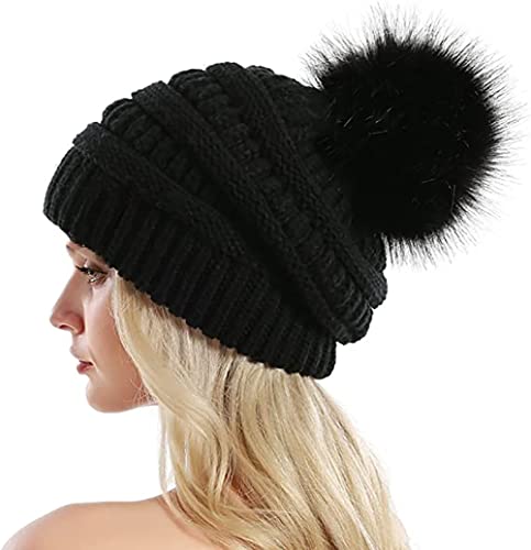 Etyepoh Mütze Damen Winter Klassische Slouch Beanie Mütze Warme Grobstrick Stirckmütze mit Kunstpelz Bommel (02-schwarz) von Etyepoh