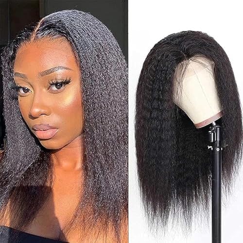 Eubeauty Frontperücken aus Spitze, gerade, für schwarze Frauen, ohne Klebstoff, Yaki, lockig, 13 x 4, Frontperücke, mit Spitze von Eubeauty