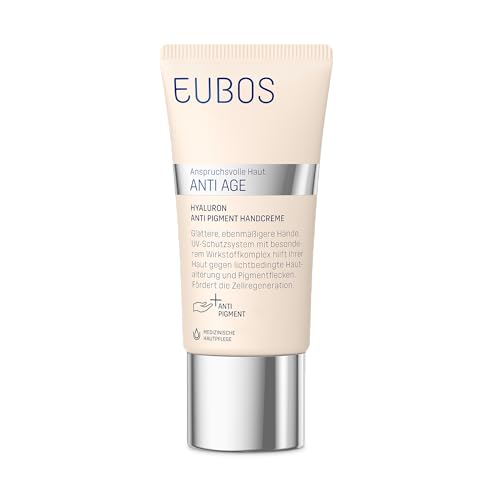 EUBOS ANTI AGE, Hyaluron Anti Pigment Handcreme, Für jünger wirkende Hände, Mit UV-Schutz, Für anspruchsvolle Haut, Strafft und spendet Feuchtigkeit, Hautverträglichkeit dermatologisch bestätigt, 50ml von Eubos