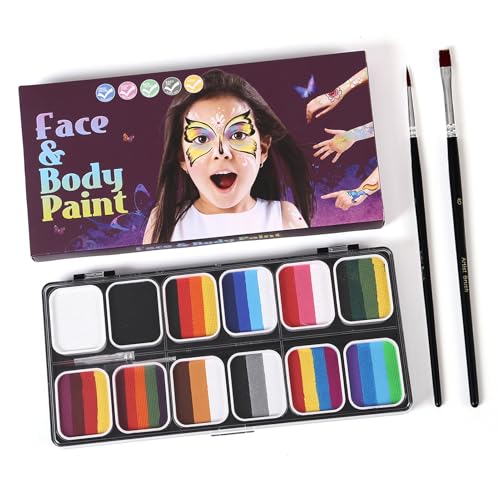Aquarellfarbe Palette Set Professionelles Gesicht Split Kuchen mit Pinsel Schablonen & Aufkleber Sicherung Wasser Aktiviertes Gesicht Körper Malerei Make -up Hypoallergen (G-1) von Eujgoov