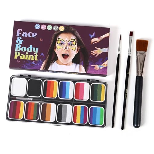 Aquarellfarbe Palette Set Professionelles Gesicht Split Kuchen mit Pinsel Schablonen & Aufkleber Sicherung Wasser Aktiviertes Gesicht Körper Malerei Make -up Hypoallergen (G-2) von Eujgoov