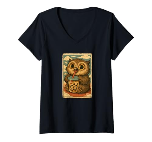 Damen Eule drinkt Bubble Tea Japanisches Vintage T-Shirt mit V-Ausschnitt Damen Eule drinkt Bubble Tea Japanisches Vintage T-Shirt mit V-Ausschnitt von Eule Bubble Tea Retro Kawaii Shop