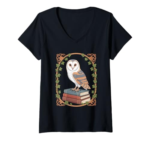 Damen Cottagecore Eule Auf Büchern Efeu Rahmen Waldpoesie T-Shirt mit V-Ausschnitt Damen Cottagecore Eule Auf Büchern Efeu Rahmen Waldpoesie T-Shirt mit V-Ausschnitt von Eule Bücher Wald Natur Vintage Efeu Cottagecore