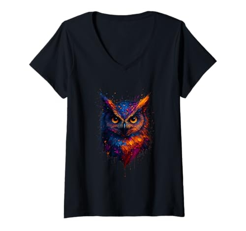 Damen Eule Tierdruck Kunst Tierliebhaber Bunte Eule T-Shirt mit V-Ausschnitt Damen Eule Tierdruck Kunst Tierliebhaber Bunte Eule T-Shirt mit V-Ausschnitt von Eule Buntes Freiheitssymbol Design für Tierfreunde
