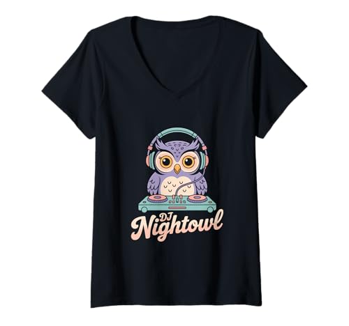 Damen DJ Nightowl Eule Nachteule Kopfhörer Mischpult Club T-Shirt mit V-Ausschnitt Damen DJ Nightowl Eule Nachteule Kopfhörer Mischpult Club T-Shirt mit V-Ausschnitt von Eule DJ Nachteule Rave Techno Club Mischpult