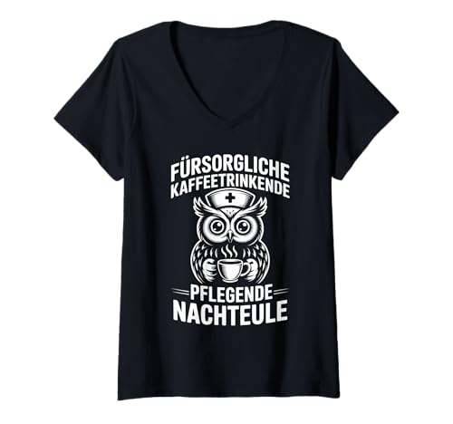 Damen Fürsorgliche Kaffeetrinkende Pflegende Nachteule T-Shirt mit V-Ausschnitt Damen Fürsorgliche Kaffeetrinkende Pflegende Nachteule T-Shirt mit V-Ausschnitt von Eule Fürsorglich Kaffeetrinkend Nacht