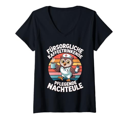 Damen Fürsorgliche Kaffeetrinkende Pflegende Nachteule T-Shirt mit V-Ausschnitt Damen Fürsorgliche Kaffeetrinkende Pflegende Nachteule T-Shirt mit V-Ausschnitt von Eule Fürsorglich Kaffeetrinkend Nacht