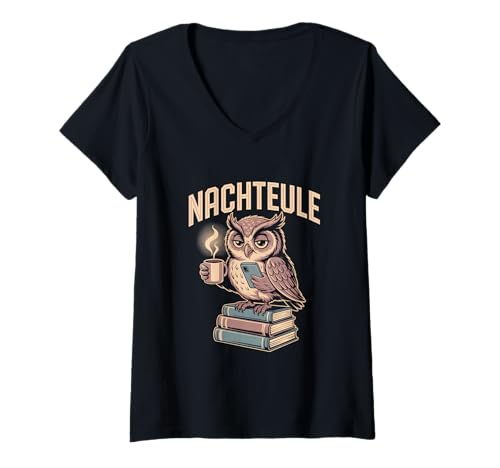 Damen Nachteule Kaffee Bücher Handy Eule Humor T-Shirt mit V-Ausschnitt von Eule Kaffee Bücher Smartphone Nachtmotiv