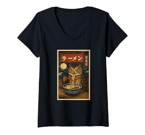 Damen Eule isst Ramen Nudeln Japanisches Vintage T-Shirt mit V-Ausschnitt von Eule Ramen Nudeln Retro Kawaii Shop