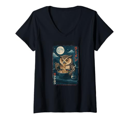 Damen Eule isst Ramen Nudeln Japanisches Vintage T-Shirt mit V-Ausschnitt von Eule Ramen Nudeln Retro Kawaii Shop