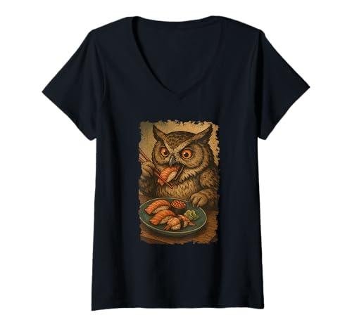 Damen Eule isst Sushi Japanisches Vintage T-Shirt mit V-Ausschnitt von Eule Sushi Retro Kawaii Shop