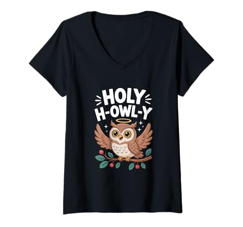 Damen Holy H Owl Y Eule Heilig Niedlich Weihnachten Winter T-Shirt mit V-Ausschnitt Damen Holy H Owl Y Eule Heilig Niedlich Weihnachten Winter T-Shirt mit V-Ausschnitt von Eule Wortspiel Heilig Heiligenschein Weihnachten
