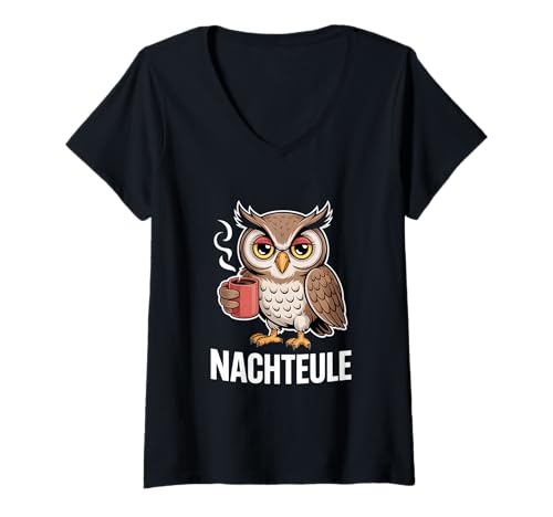 Damen Nachteule Eule Kaffee Nachtmensch Morgenmuffel T-Shirt mit V-Ausschnitt Damen Nachteule Eule Kaffee Nachtmensch Morgenmuffel T-Shirt mit V-Ausschnitt von Eulen Humor Kaffee Nachtarbeit Spätaufsteher