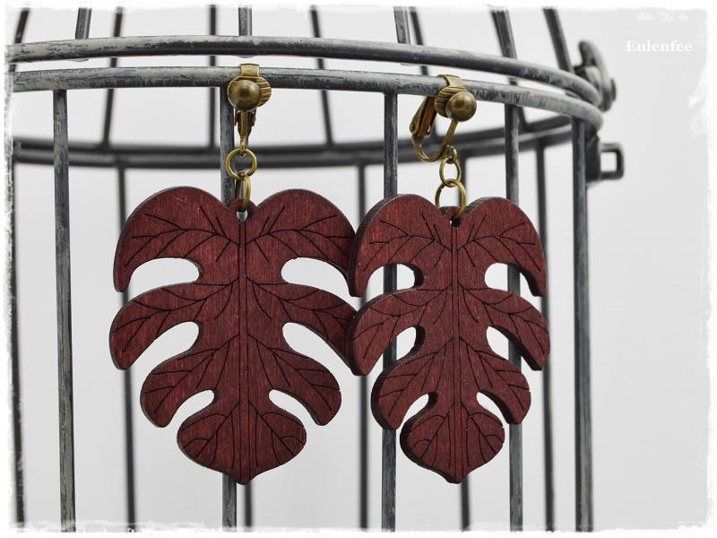 Blätter Ohrclips, Rote Holz Ohrhänger Mit Ohrclip in Bronze, Holzohrringe Clips, Holzohrhänger von Eulenfee