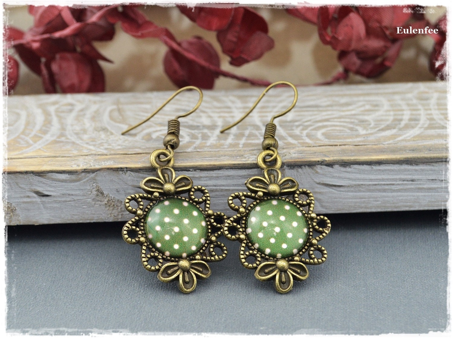 Ohrringe Im Vintage Stil, Ohrhänger Bronze/Grün, Pünktchen, Schmuck Geschenke von Eulenfee