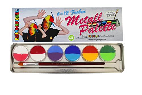 Eulenspiegel 206102 - Metall-Palette Split Cakes, 6 x 3,5 ml Farbe und 1 Pinsel, Schminkfarben von Eulenspiegel