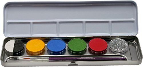 Eulenspiegel 206201 - Metall-Palette 6er Kombi, 5 x 3,5 ml Farbe, 1 Glitzer und 1 Pinsel, Schminkfarben von Eulenspiegel
