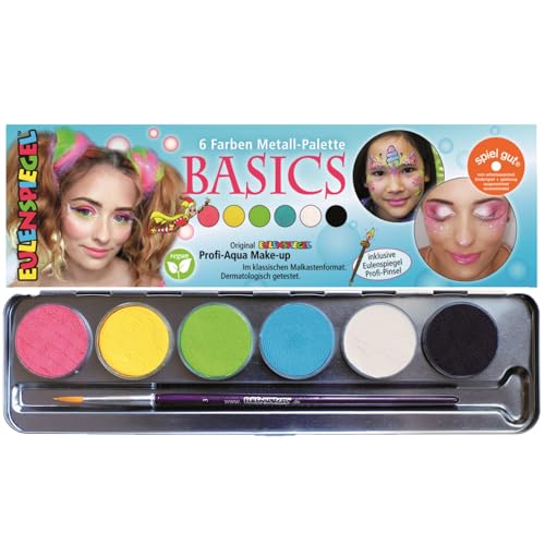 Eulenspiegel 206218 - Schminkpalette Basics, 6 Farben, 1 Pinsel, Schminkset vegan, Kinderschminke, Karneval, Theater [Exklusiv bei Amazon] von Eulenspiegel