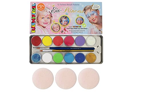 Eulenspiegel 212219 - Metall-Palette Eis-Princess, 10 x 3,5 ml Farbe, 2 x Glitzer, 2 Pinsel, vegan, Schminkfarben von Eulenspiegel