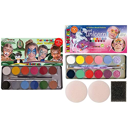 Eulenspiegel 212226 - Metall-Palette Karneval der Tiere & 212264 - Schminkpalette Sweet Unicorn, vegan, Einhorn, Schminkset, Kinderschminken, Karneval, Fasching von Eulenspiegel