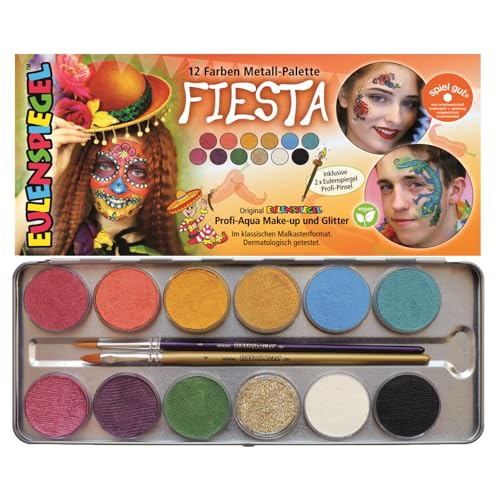 Eulenspiegel 212233 - Schminkpalette Fiesta, 12 Farben, 2 Pinsel, Schminkset vegan, Kinderschminke, Karneval [Exklusiv bei Amazon] von Eulenspiegel