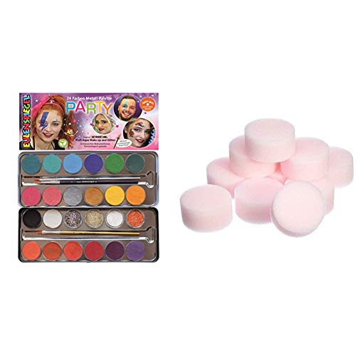 Eulenspiegel 224212 - Party Metall Schminkpalette, 20 Farben und 4 Glitzer, vegane Farben und Pinsel, Kinderschminken, Karneval, Fasching, Theater, spiel gut Siegel + Make Up Schwämmchen von Eulenspiegel