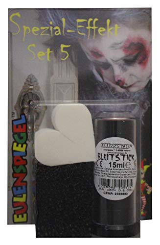 Eulenspiegel 406052 - Spezial-Effekt Set 5, 1 Blutstick 15 ml, 1 Bartstoppel-Schwamm und 2 Latex-Schwämme, Schmink-Set, Halloween von Eulenspiegel