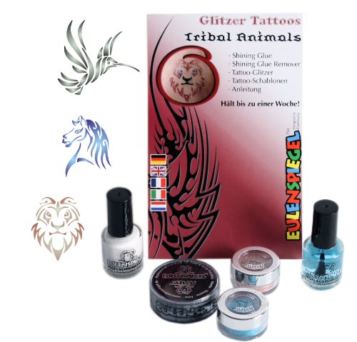 Eulenspiegel 730577 - Glitzer Tattoo Set Tribal Animals, Glitter-Set, für Karneval, Mottoparty von Eulenspiegel