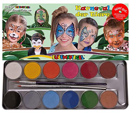 Eulenspiegel 212226 - Metall-Palette Karneval der Tiere, 12 Farben Profi-Aqua Schminke, 2 Profi-Pinsel, 3 Schwammpads von Eulenspiegel