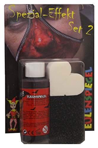 Eulenspiegel 406021 - Spezial-Effekt Set 2, 1 Filmblut dunkel 50 ml, 1 Bartstoppel-Schwamm, 2 Latex-Schwämme, Schmink-Set, Halloween von Eulenspiegel