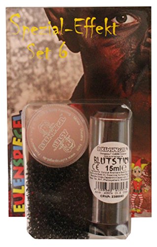 Eulenspiegel 406069 - Spezial-Effekt Set 6, 1 Blutstick 15 ml, 1 Effektwachs 12 ml, 1 Bartstoppel-Schwamm, 1 Spatel, Schmink-Set, Halloween von Eulenspiegel