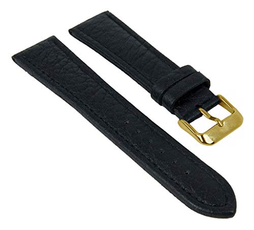 Ersatzband Uhrenarmband XL | aus Büffelkalbsleder/grob genarbt | schwarz mit Naht | 17784, Stegbreite:20mm, Schließe:Gelbgolden von Eulit